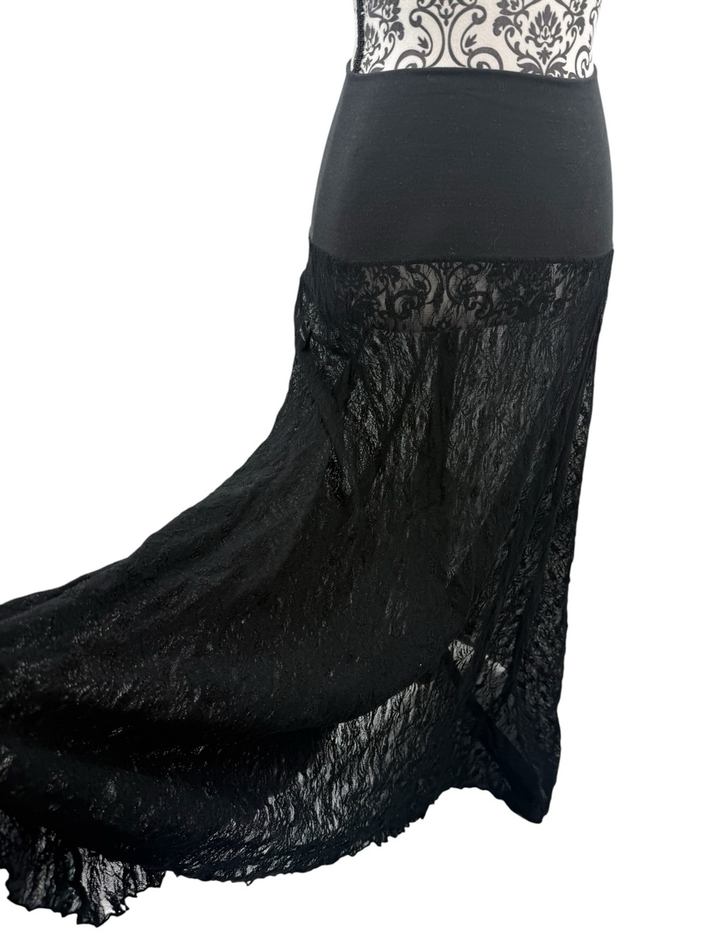 Black Lace Asymmetrical Midi Skirt Dress Sheer Stretch Waist Dark Feminine Goth - Picture 5 of 16